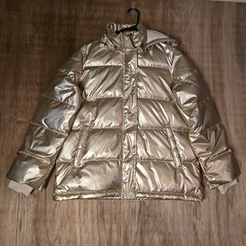 Lands End Womens Metallic Gold Puffer Jacket 600 Fill Down Hooded Coat Small NWT